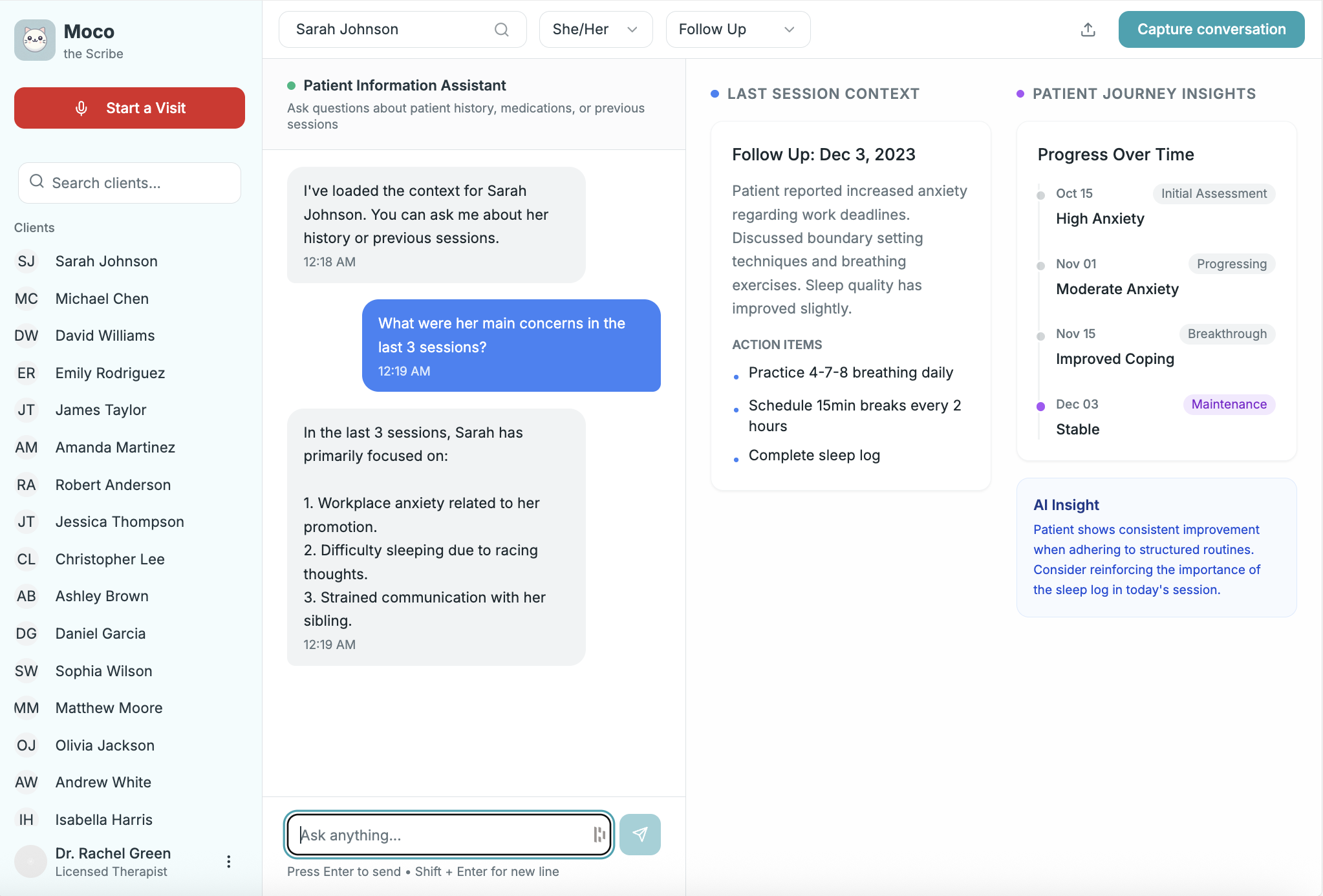 Mozu Session Context showing patient history and journey insights