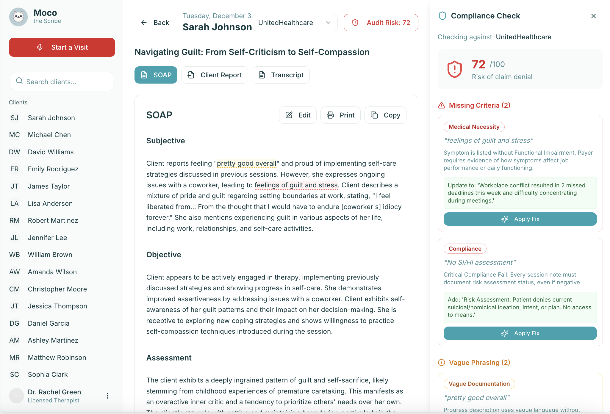 Mozu Clinical Risk Shield showing compliance check and risk scoring